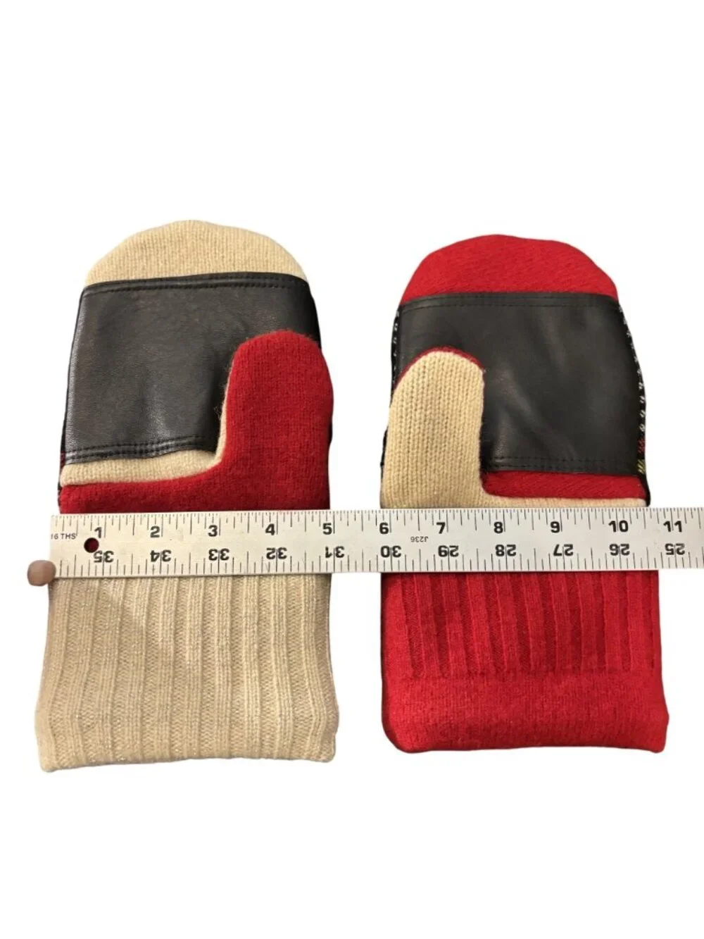 Colorful Wool Acrylic Blend Plaid Mittens W/ Faux Leather Palm & Button Detail